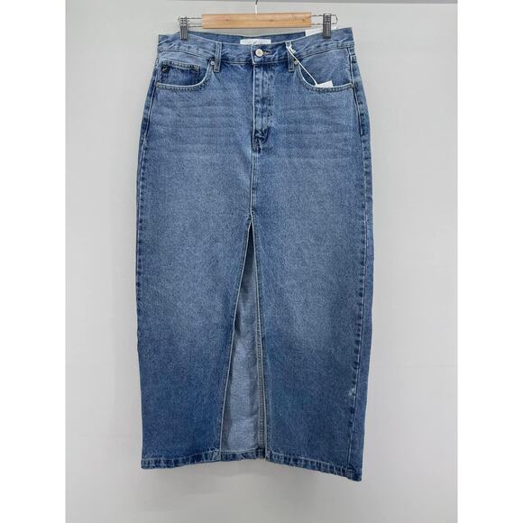 KanCan Indigo High Rise Midi Skirt with Center Front Slit‎ - Picture 1 of 2